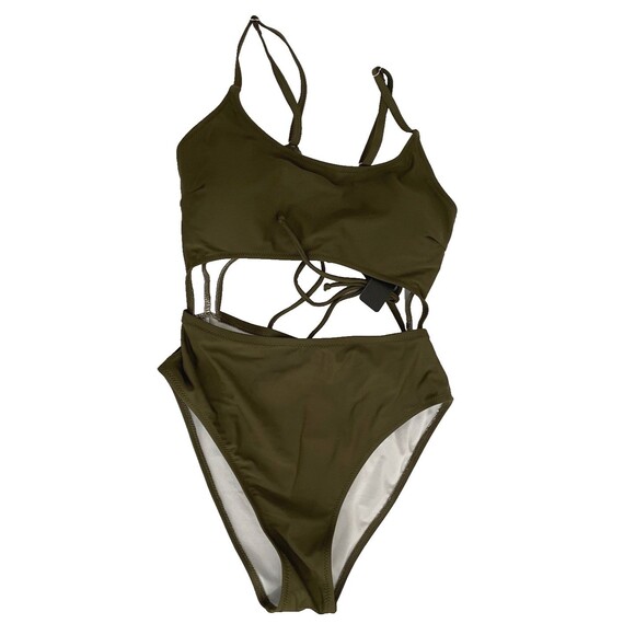 NWT Tempt Me Womens Medium Cutout One Piece Swimsuit Army Green Strappy Lace-up - Picture 1 of 6